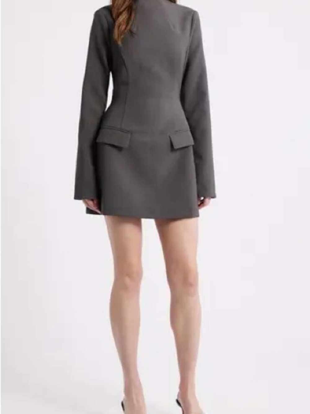 Long-Sleeve A-Line Mini Dress in Charcoal Gray - Picture 3 of 8